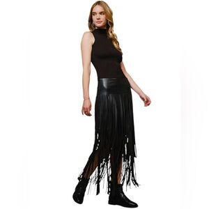 New blue b Black Faux Leather Tiered Carwash Fringe Festival Western Mini Skirt